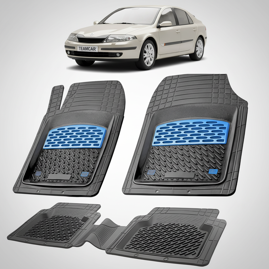 set de covorase din cauciuc negre cu accente albastre cu un renault laguna ii hatchback bej in fundal