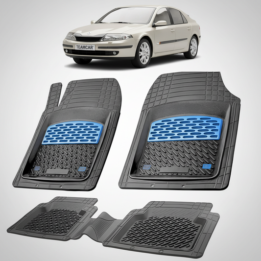 set de covorase din cauciuc negre cu accente albastre cu un renault laguna ii hatchback bej in fundal