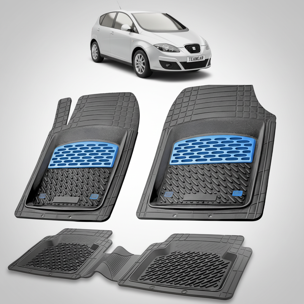 set de covorase din cauciuc negre cu accente albastre cu un seat altea mpv facelift gri in fundal