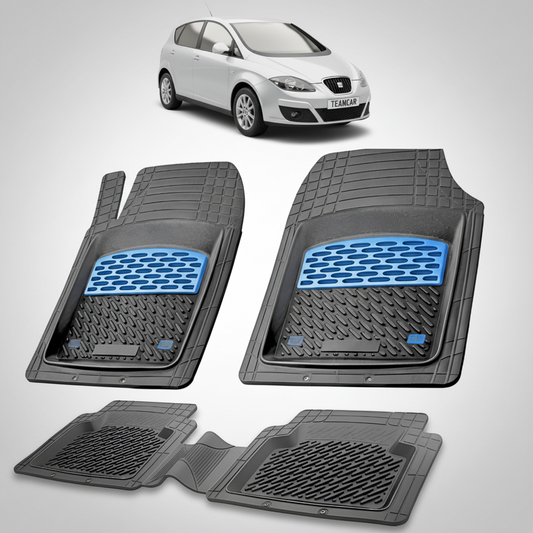 set de covorase din cauciuc negre cu accente albastre cu un seat altea mpv facelift gri in fundal