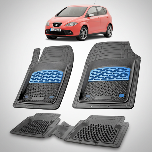 set de covorase din cauciuc negre cu accente albastre cu un seat altea mk1 mpv rosu in fundal