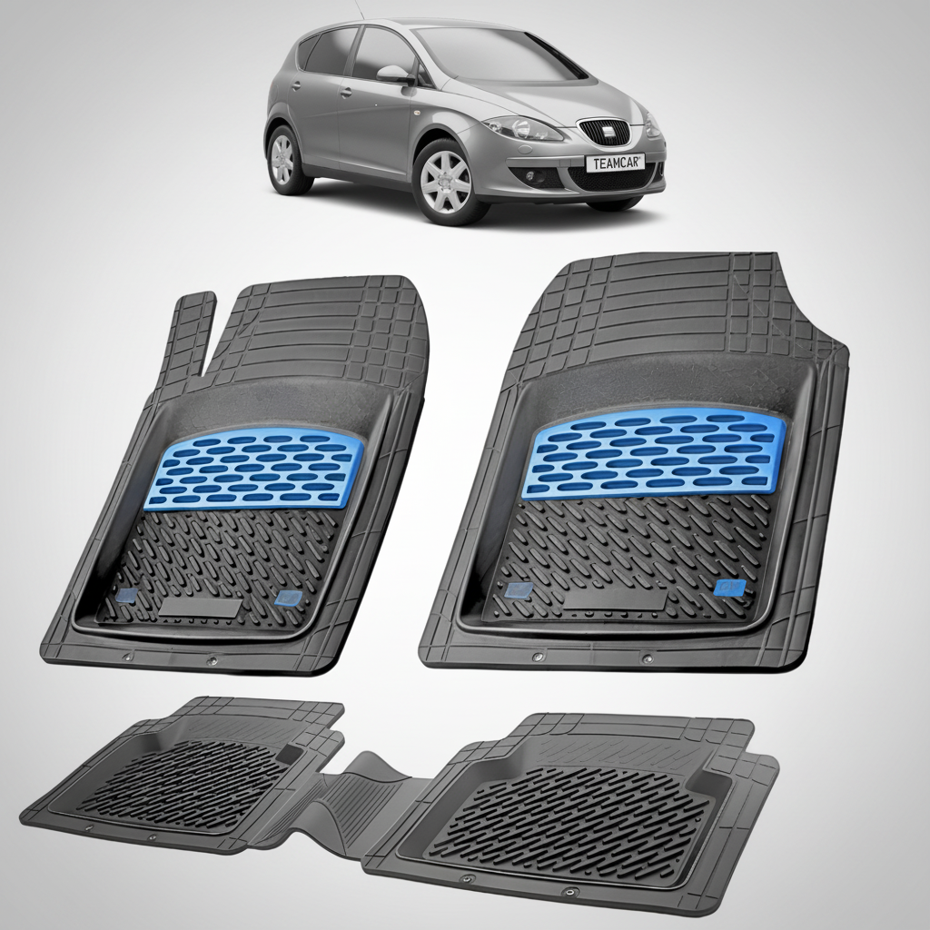 set de covorase din cauciuc negre cu accente albastre cu un seat altea mpv gri in fundal