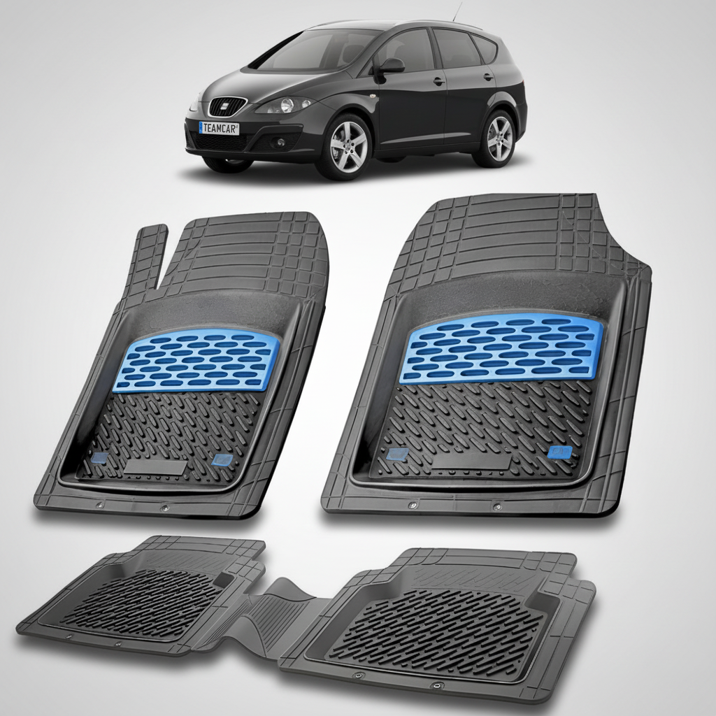 set de covorase din cauciuc negre cu accente albastre cu un seat altea xl mpv negru in fundal