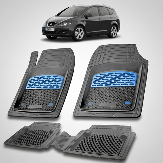 set de covorase din cauciuc negre cu accente albastre cu un seat altea xl mpv negru in fundal