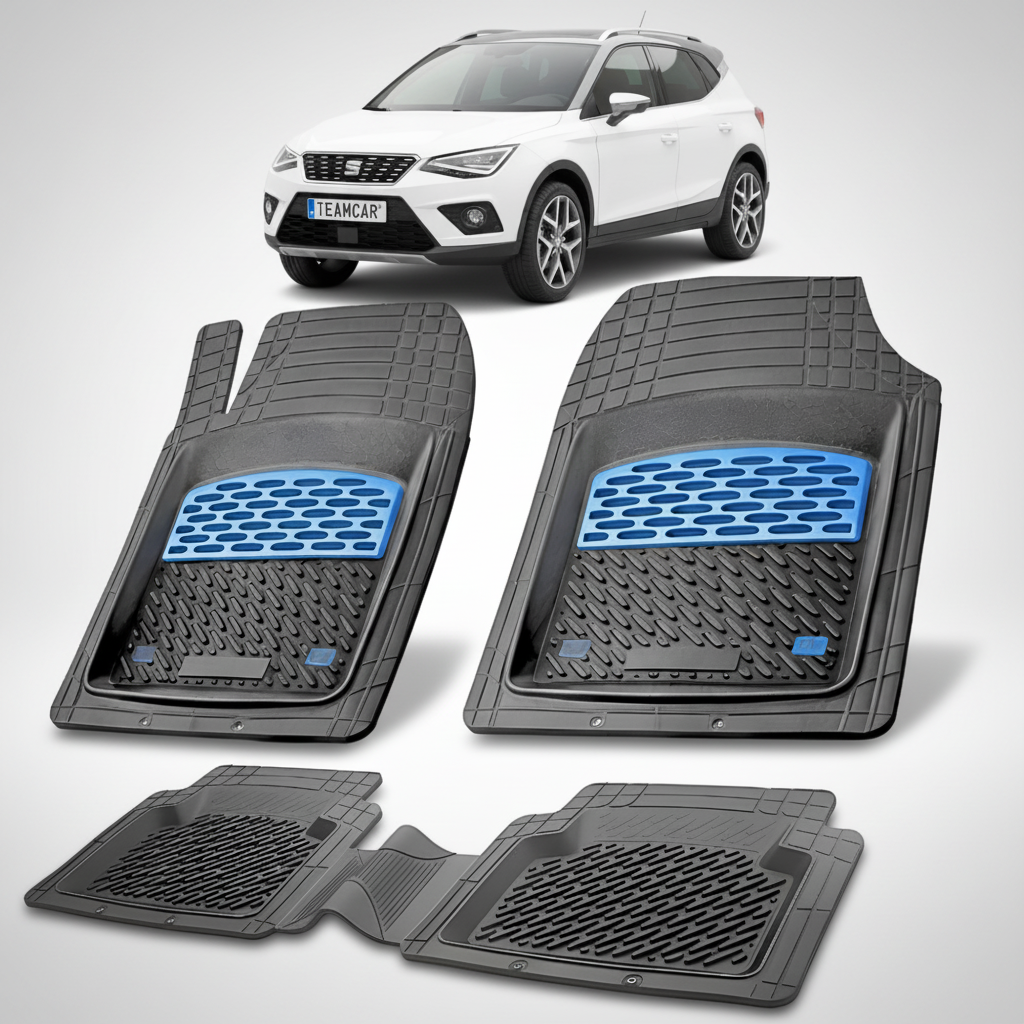 set de covorase din cauciuc negre cu accente albastre cu un seat arona mk1 suv alb in fundal