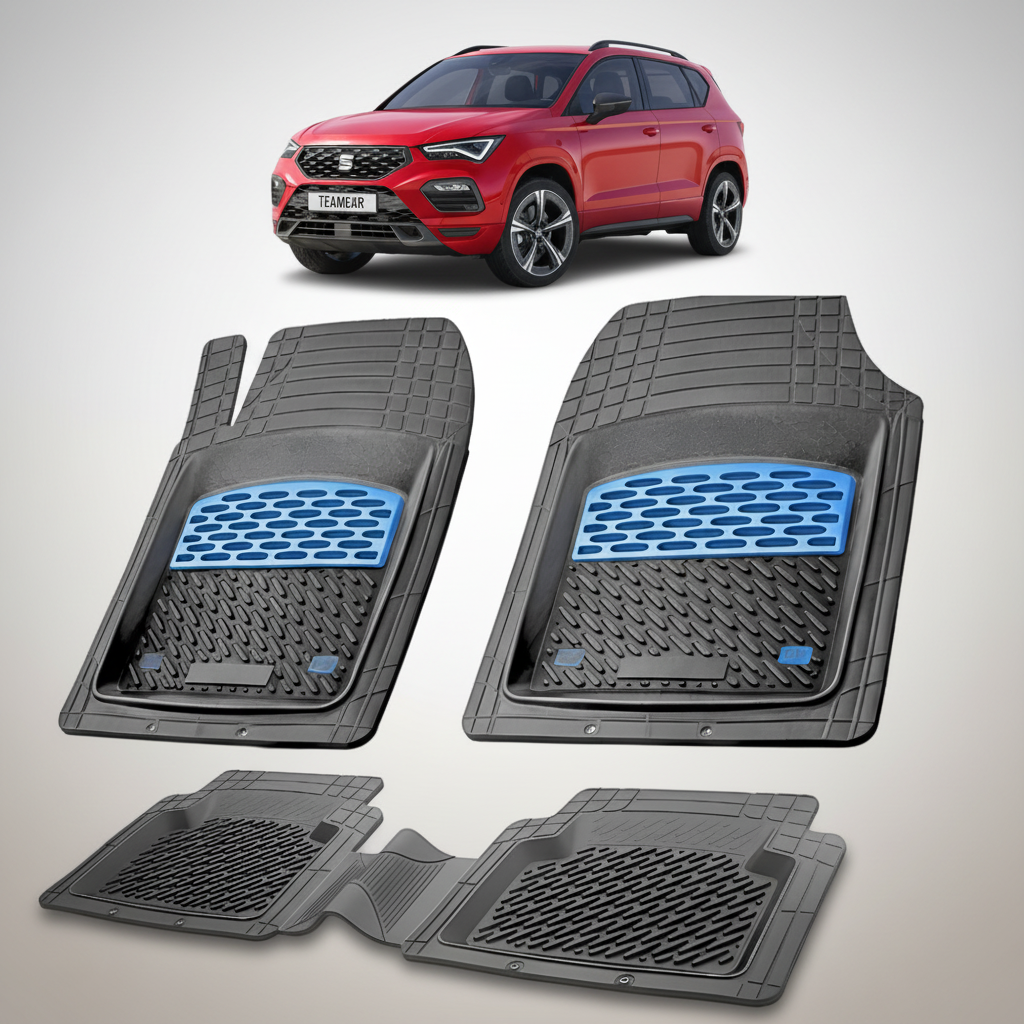 set de covorase din cauciuc negre cu accente albastre cu un seat ateca suv facelift rosu in fundal