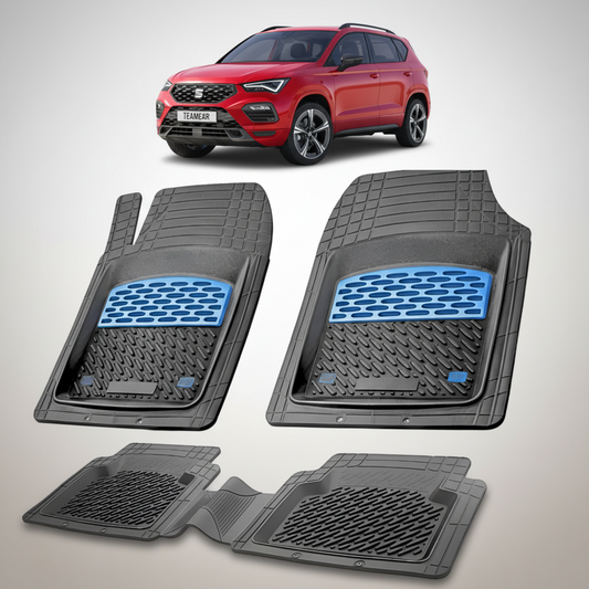 set de covorase din cauciuc negre cu accente albastre cu un seat ateca suv facelift rosu in fundal
