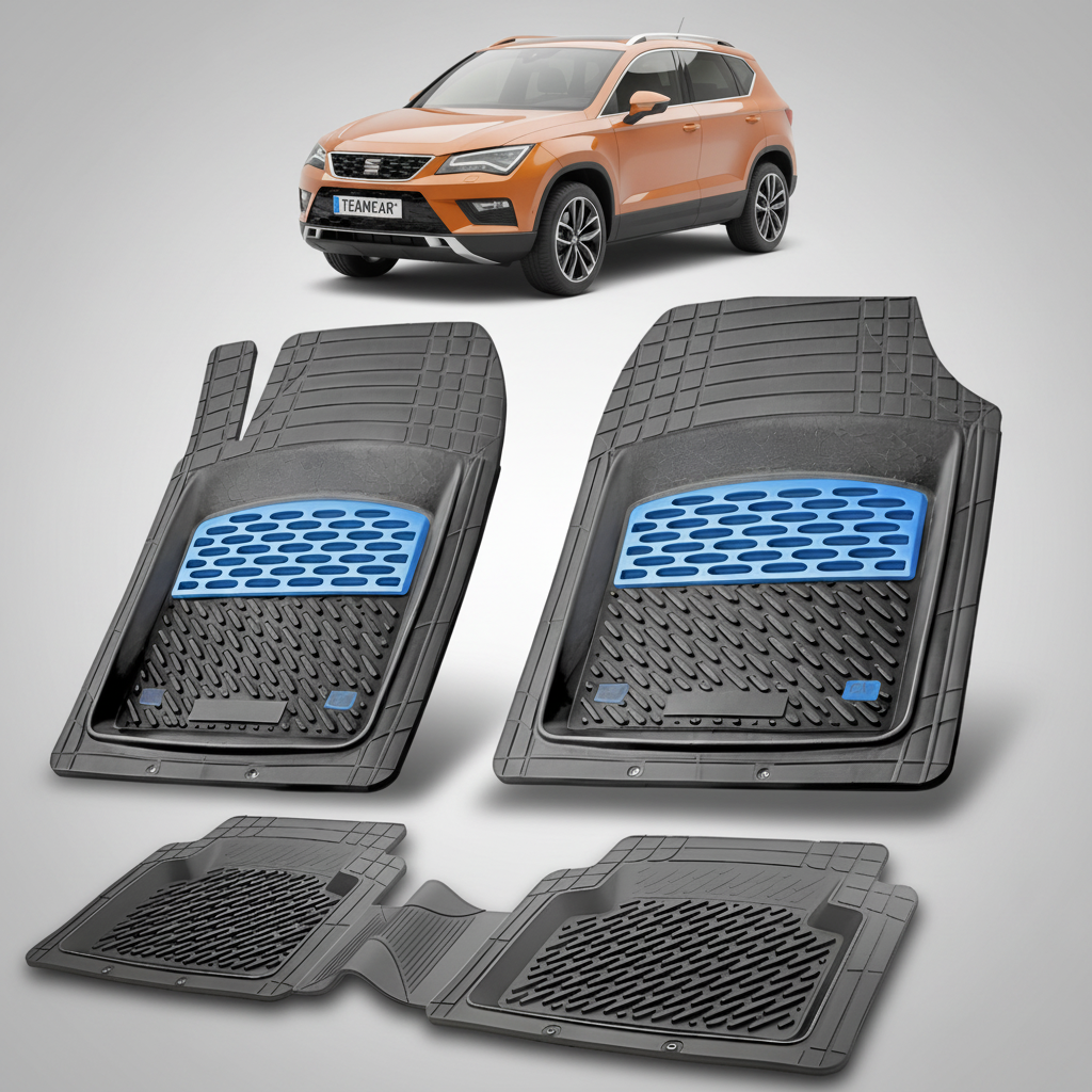 set de covorase din cauciuc negre cu accente albastre cu un seat ateca mk1 suv portocaliu in fundal
