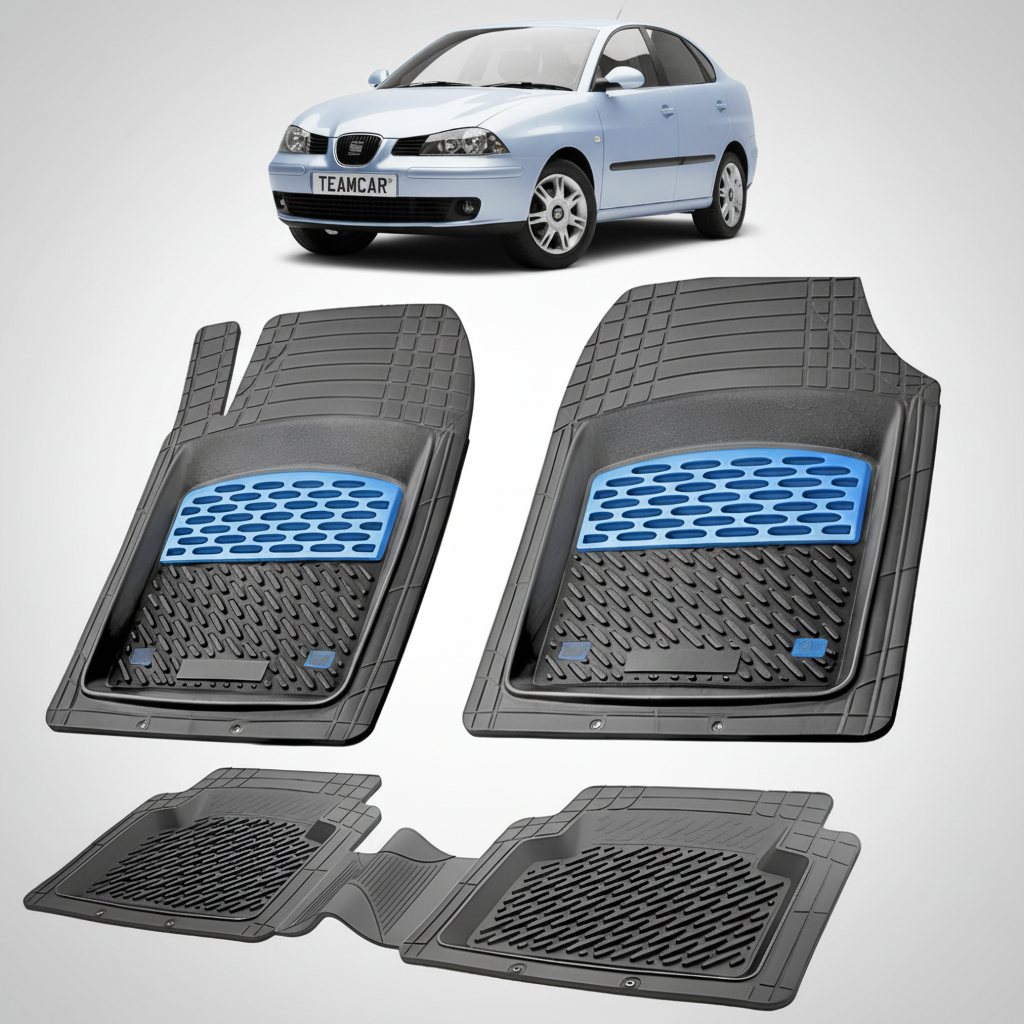set de covorase din cauciuc negre cu accente albastre cu un seat cordoba sedan gen 2 albastru deschis in fundal