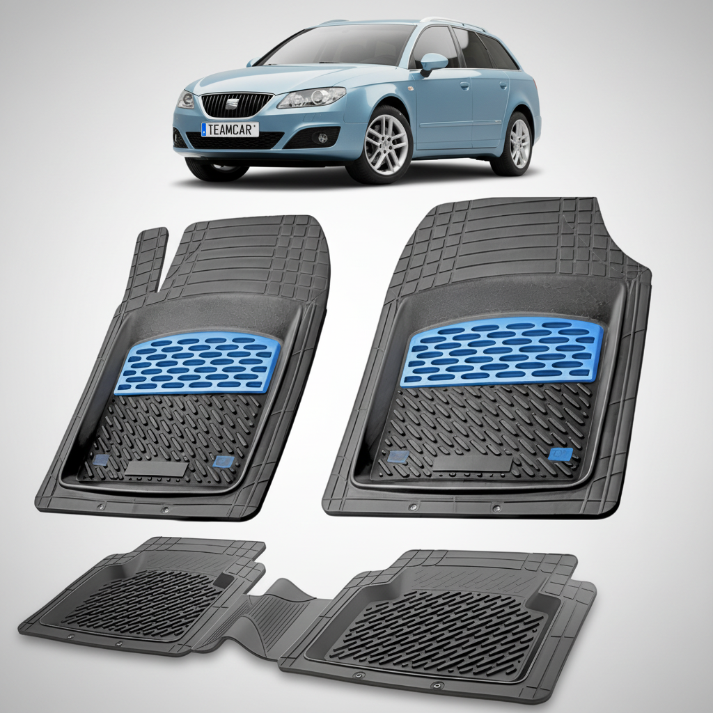 set de covorase din cauciuc negre cu accente albastre cu un seat exeo st/combi albastru deschis in fundal