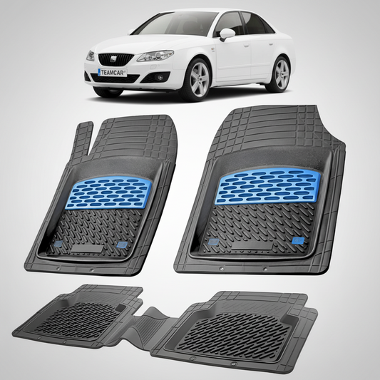 set de covorase din cauciuc negre cu accente albastre cu un seat exeo sedan alb in fundal
