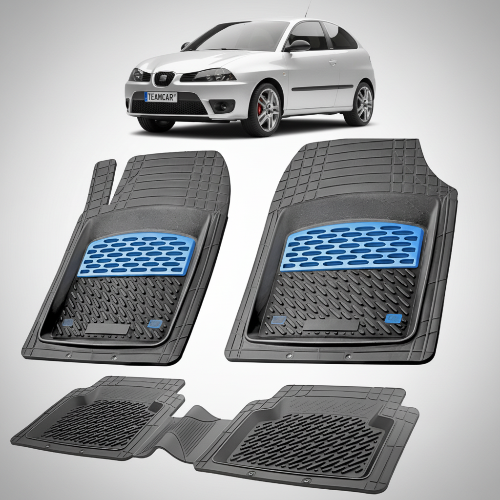 set de covorase din cauciuc negre cu accente albastre cu un seat ibiza hatchback 3 usi facelift argintiu in fundal