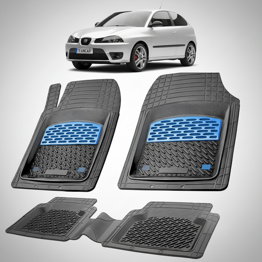set de covorase din cauciuc negre cu accente albastre cu un seat ibiza hatchback 3 usi facelift argintiu in fundal