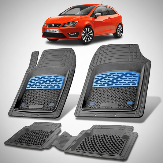 set de covorase din cauciuc negre cu accente albastre cu un seat ibiza hatchback 3 usi facelift rosu in fundal