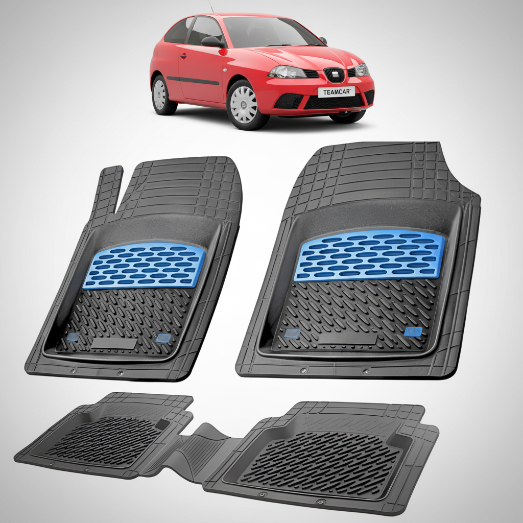 set de covorase din cauciuc negre cu accente albastre cu un seat ibiza hatchback 3 usi rosu in fundal