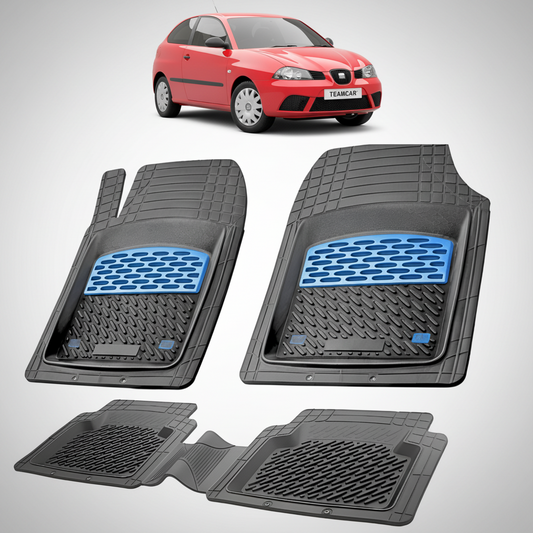 set de covorase din cauciuc negre cu accente albastre cu un seat ibiza hatchback 3 usi rosu in fundal