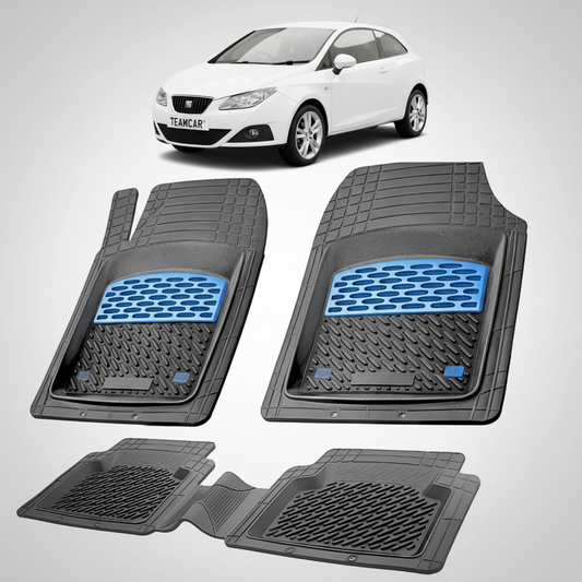 set de covorase din cauciuc negre cu accente albastre cu un seat ibiza hatchback 3 usi alb in fundal