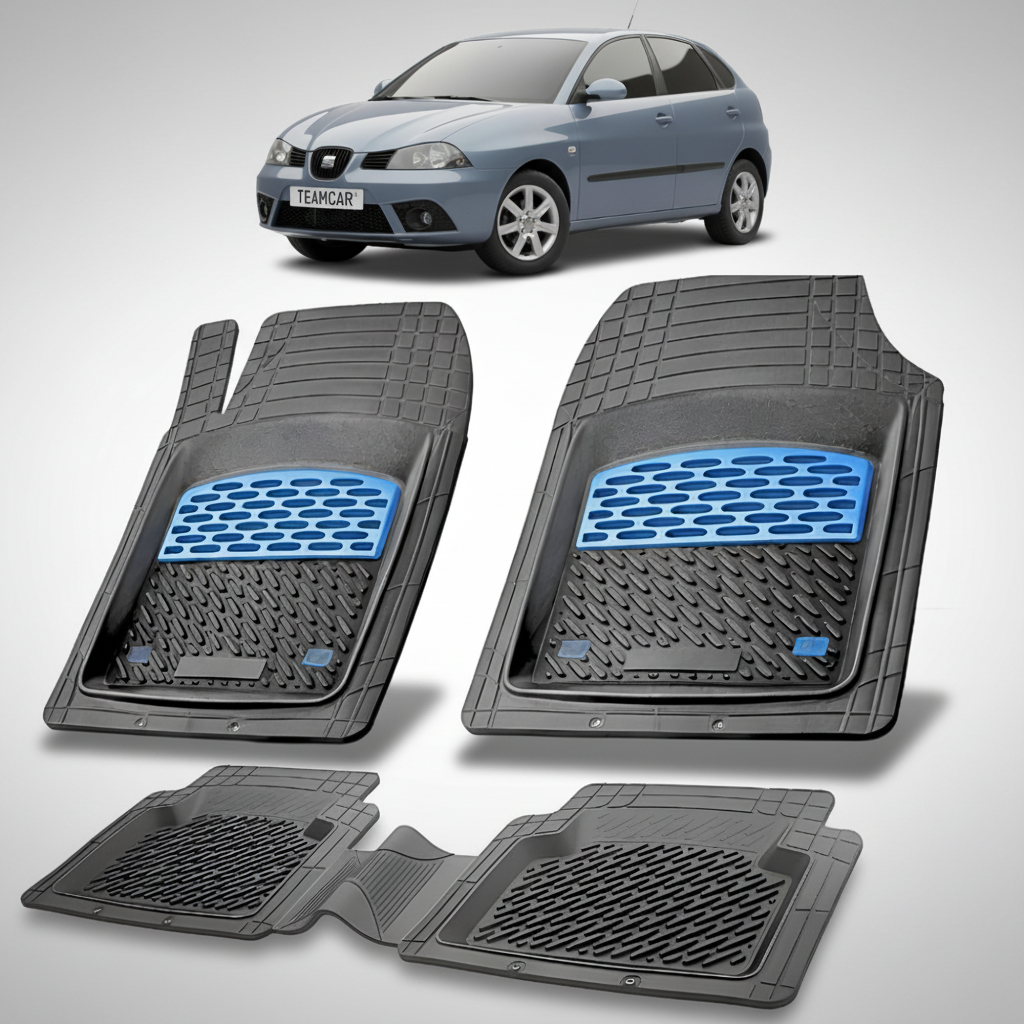 set de covorase din cauciuc negre cu accente albastre cu un seat ibiza hatchback 5 usi facelift albastru-gri metalizat in fundal
