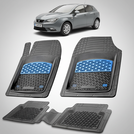 set de covorase din cauciuc negre cu accente albastre cu un seat ibiza hatchback 5 usi facelift gri inchis  in fundal