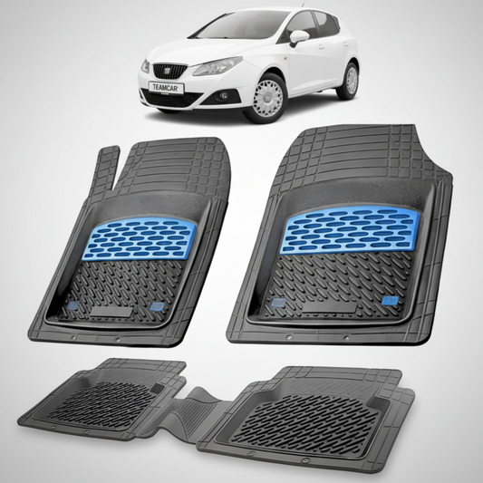 set de covorase din cauciuc negre cu accente albastre cu un seat ibiza hatchback 5 usi alb in fundal