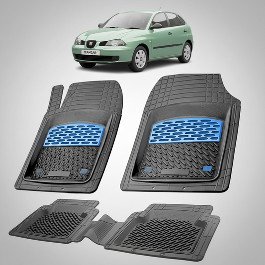 set de covorase din cauciuc negre cu accente albastre cu un seat ibiza mk3 hatchback verde in fundal