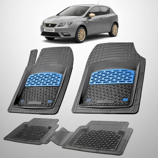 set de covorase din cauciuc negre cu accente albastre cu un seat ibiza mk4 hatchback gri inchis in fundal
