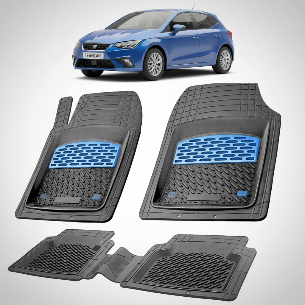 set de covorase din cauciuc negre cu accente albastre cu un seat ibiza mk5 hatchback albastru in fundal
