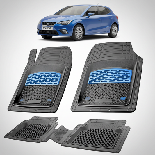 set de covorase din cauciuc negre cu accente albastre cu un seat ibiza mk5 hatchback albastru in fundal