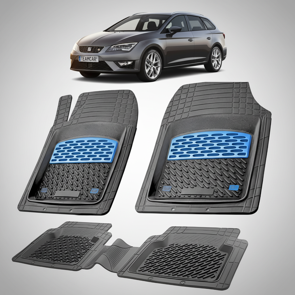 set de covorase din cauciuc negre cu accente albastre cu un seat leon mk3 combi gri inchis in fundal