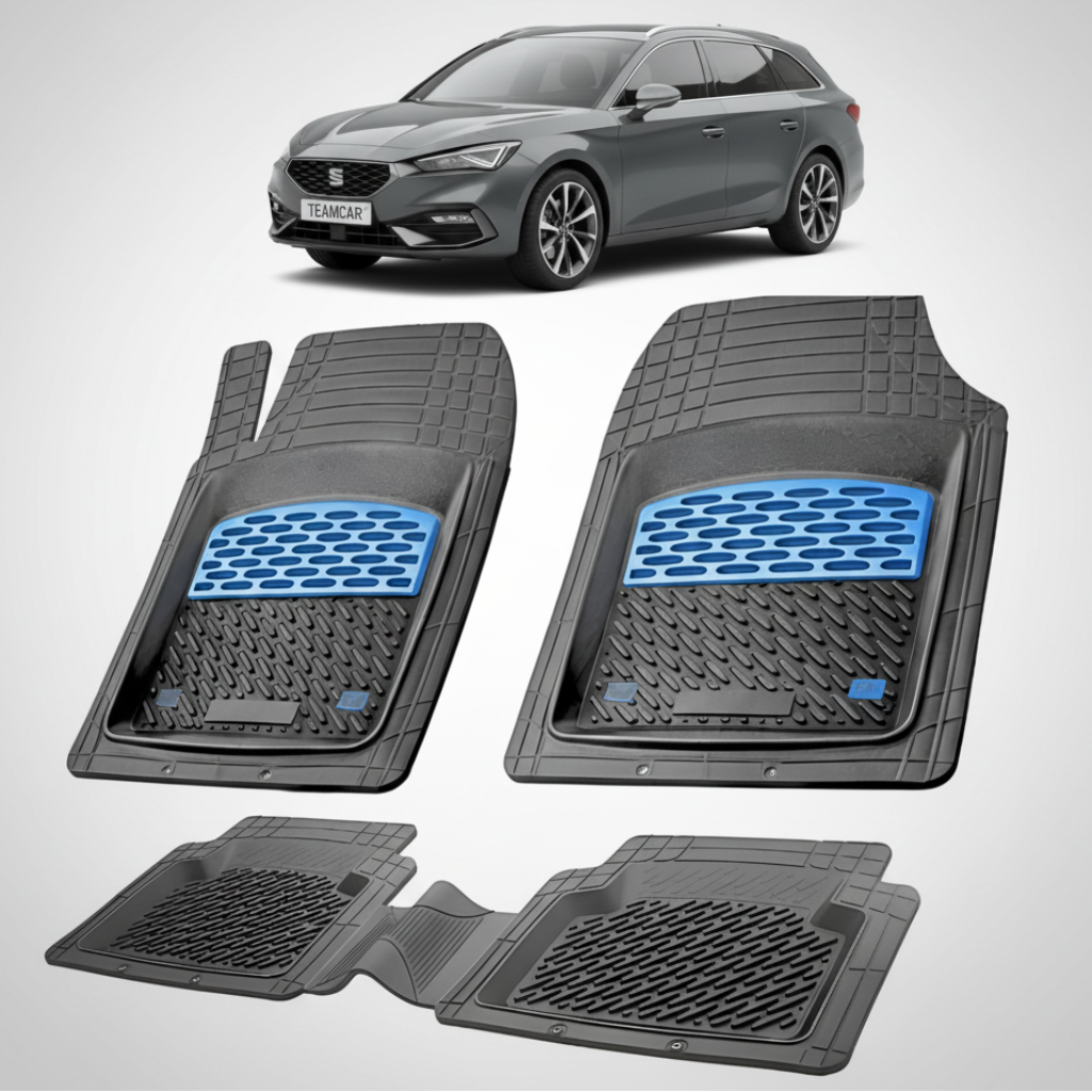 set de covorase din cauciuc negre cu accente albastre cu un seat leon mk4 combi gri inchis in fundal