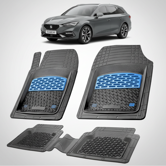 set de covorase din cauciuc negre cu accente albastre cu un seat leon mk4 combi gri inchis in fundal