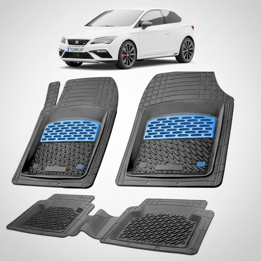 set de covorase din cauciuc negre cu accente albastre cu un seat leon hatchback 3 usi facelift alb in fundal