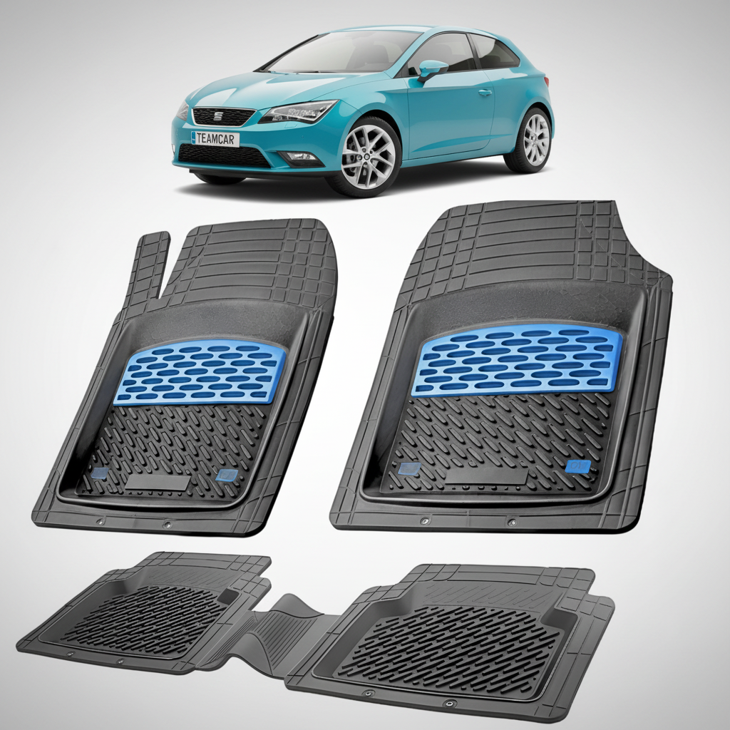 set de covorase din cauciuc negre cu accente albastre cu un seat leon hatchback 3 usi facelift albastru in fundal