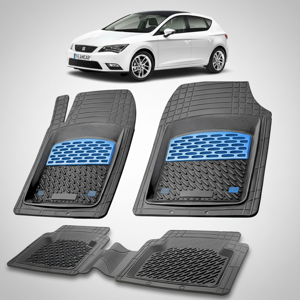 set de covorase din cauciuc negre cu accente albastre cu un seat leon hatchback 5 usi facelift 2 alb in fundal
