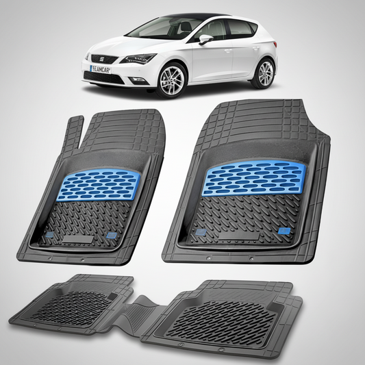 set de covorase din cauciuc negre cu accente albastre cu un seat leon hatchback 5 usi facelift 2 alb in fundal