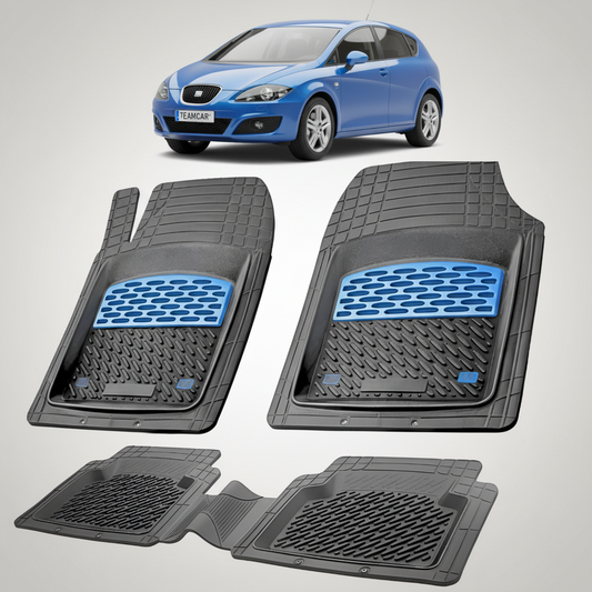 set de covorase din cauciuc negre cu accente albastre cu un seat leon hatchback 5 usi facelift albastru  in fundal