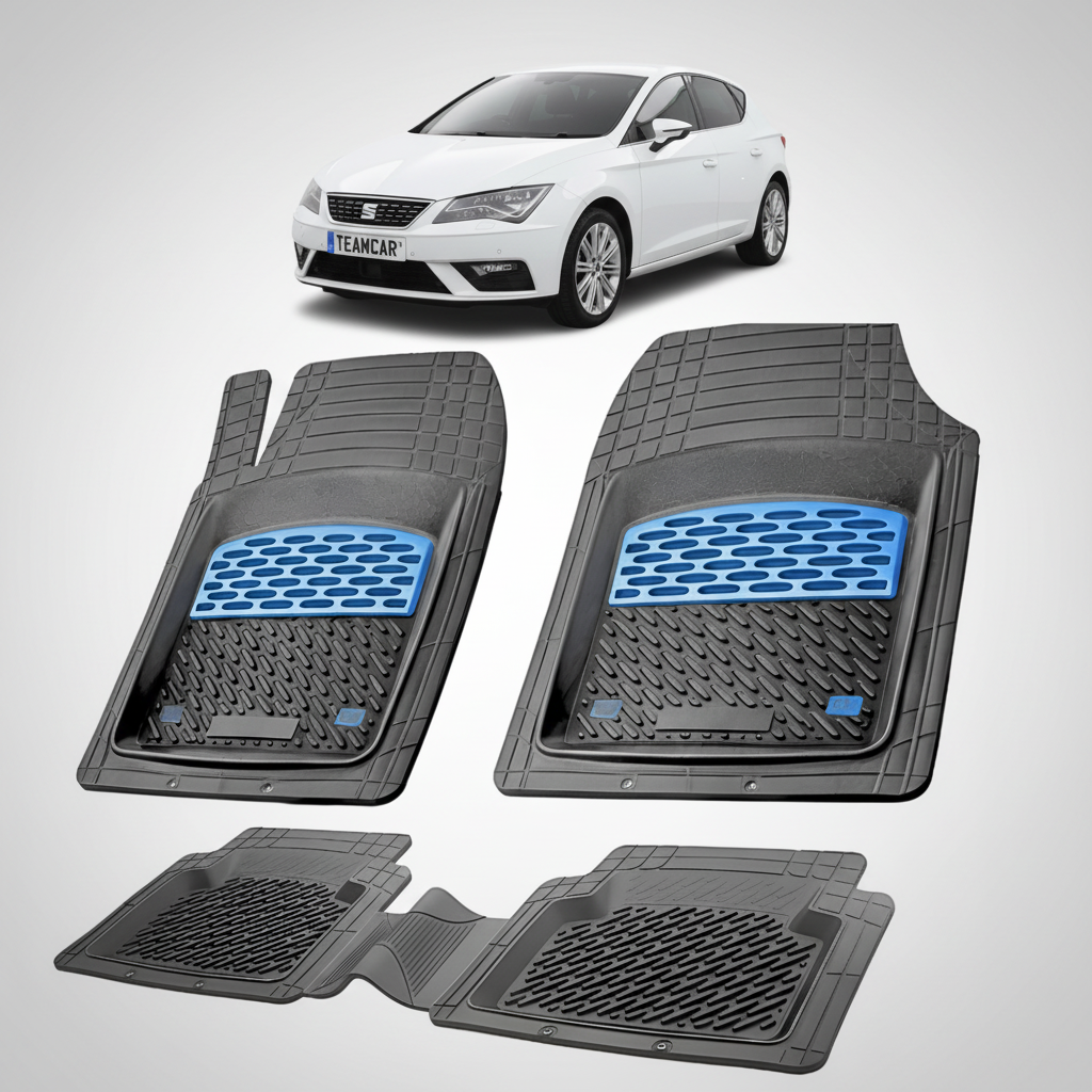 set de covorase din cauciuc negre cu accente albastre cu un seat leon hatchback 5 usi facelift alb in fundal