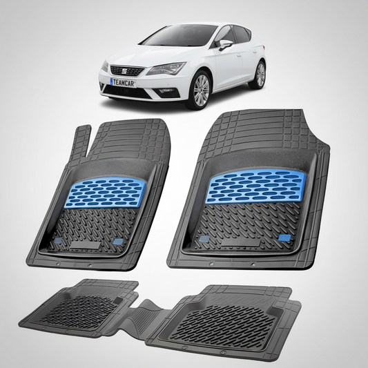 set de covorase din cauciuc negre cu accente albastre cu un seat leon hatchback 5 usi facelift alb in fundal