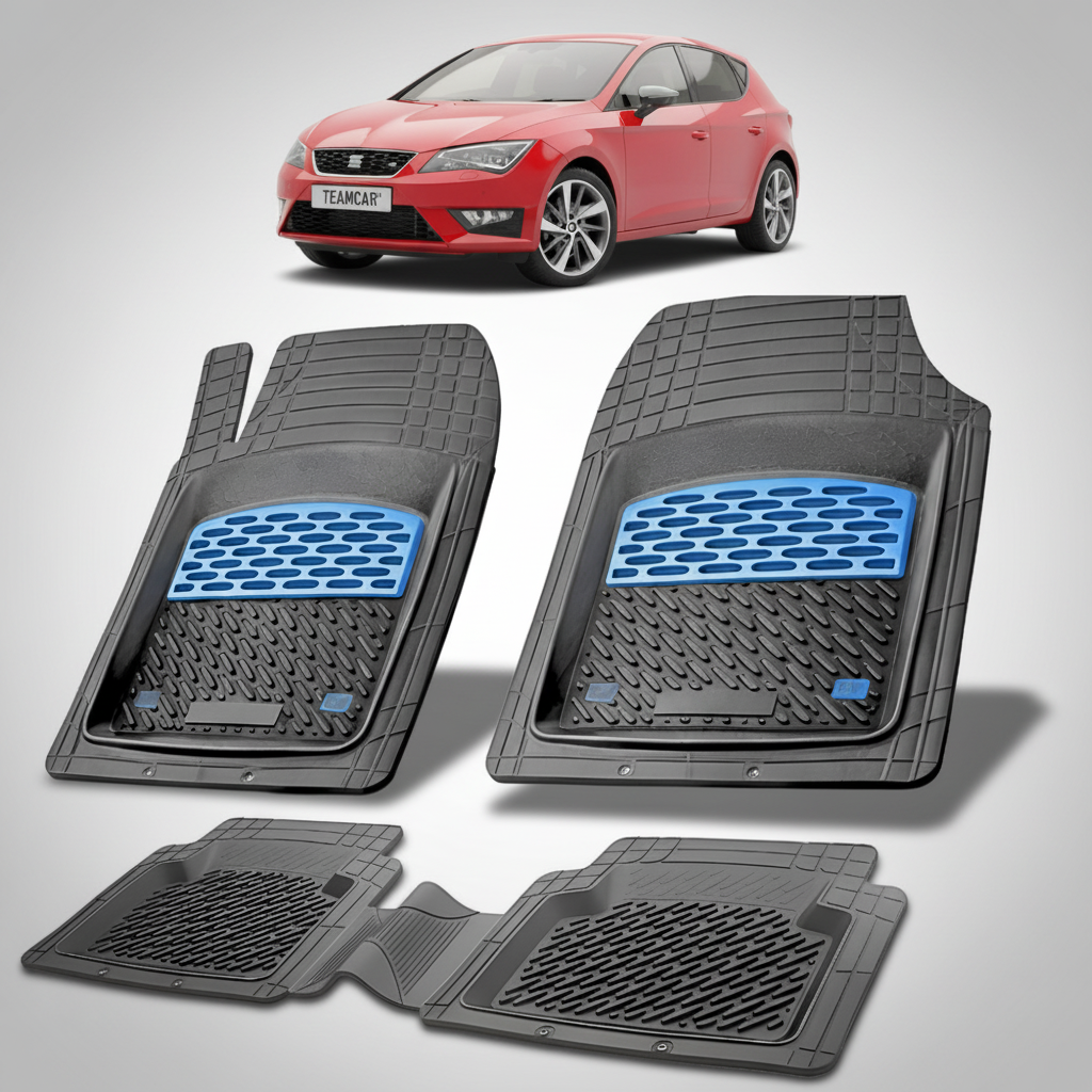 set de covorase din cauciuc negre cu accente albastre cu un seat leon hatchback 5 usi rosu in fundal