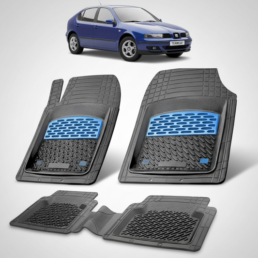 set de covorase din cauciuc negre cu accente albastre cu un seat leon mk1 hatchback albastru in fundal