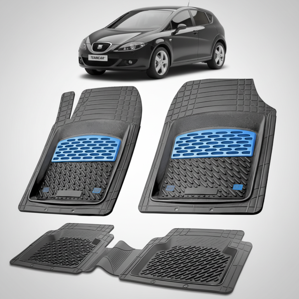 set de covorase din cauciuc negre cu accente albastre cu un seat leon mk2 hatchback negru in fundal
