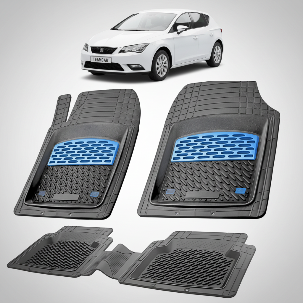 set de covorase din cauciuc negre cu accente albastre cu un seat leon mk3 hatchback alb in fundal