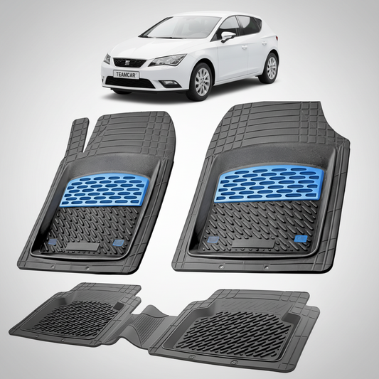 set de covorase din cauciuc negre cu accente albastre cu un seat leon mk3 hatchback alb in fundal