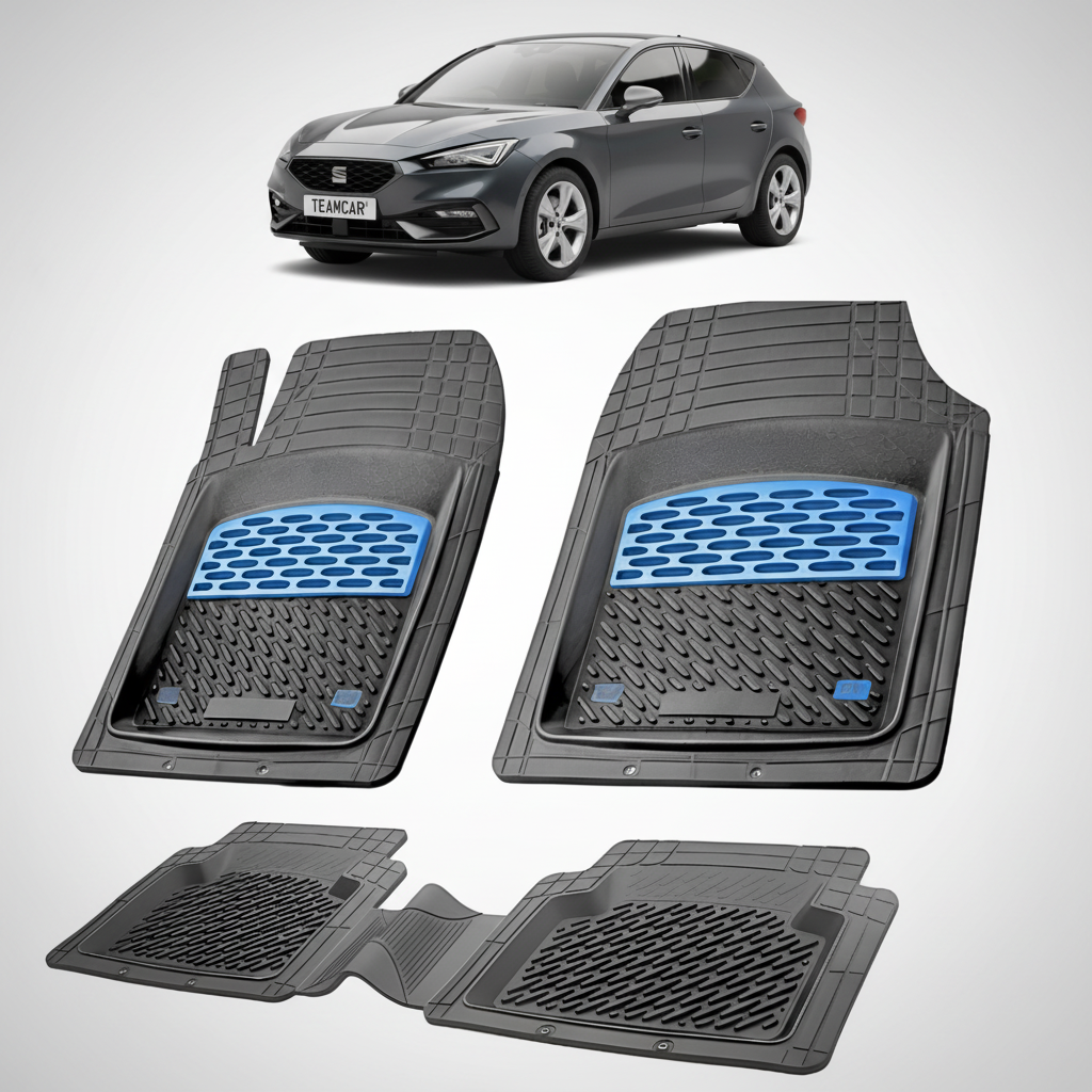 set de covorase din cauciuc negre cu accente albastre cu un seat leon mk4 hatchback gri inchis in fundal