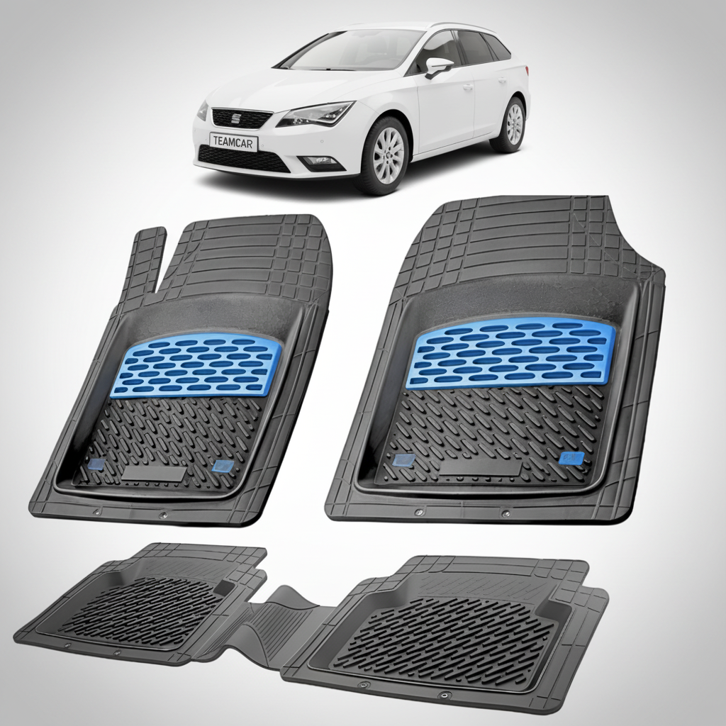set de covorase din cauciuc negre cu accente albastre cu un seat leon st/combi alb in fundal