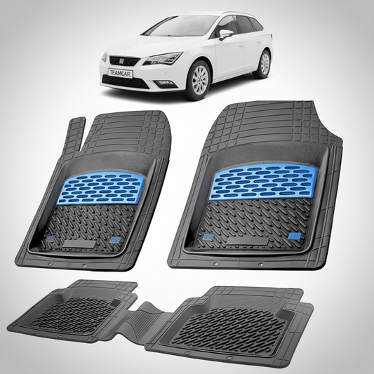 set de covorase din cauciuc negre cu accente albastre cu un seat leon st/combi alb in fundal