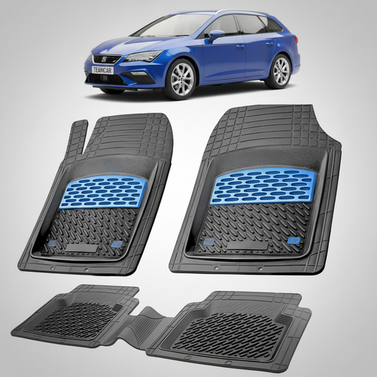 set de covorase din cauciuc negre cu accente albastre cu un seat leon st/combi facelift albastru in fundal