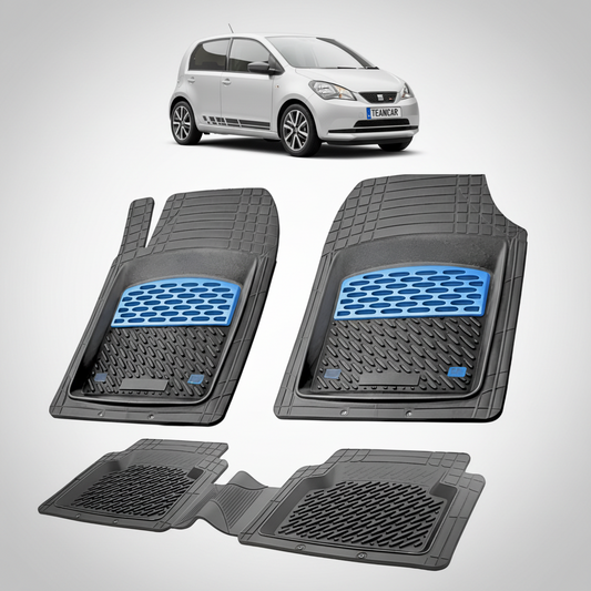 set de covorase din cauciuc negre cu accente albastre cu un seat mii electric hatchback 5 usi ev argintiu in fundal