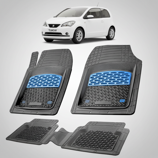 set de covorase din cauciuc negre cu accente albastre cu un seat mii hatchback 3 usi alb in fundal