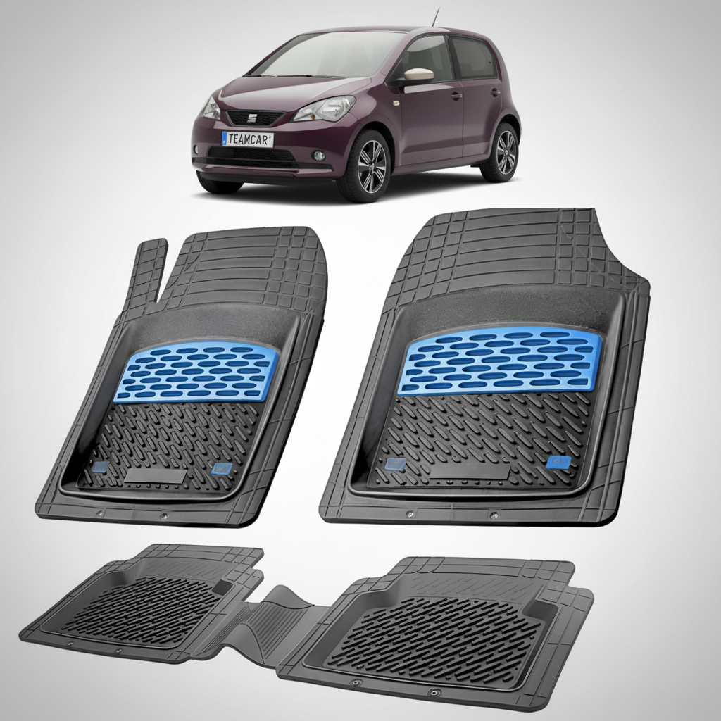 set de covorase din cauciuc negre cu accente albastre cu un seat mii hatchback 5 usi violet in fundal